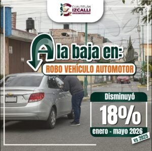 CUAUTITLÁN IZCALLI REGISTRA BAJA DEL 18% EN ROBO DE VEHÍCULOS DURANTE LOS PRIMEROS CINCO MESES DE 2026