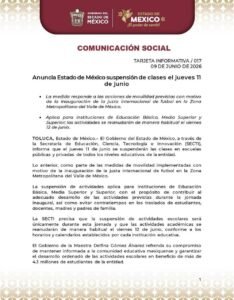 ANUNCIA EDOMEX SUSPENSIÓN DE CLASES EL PRÓXIMO JUEVES 11 DE JUNIO POR INAUGURACIÓN DEL MUNDIAL